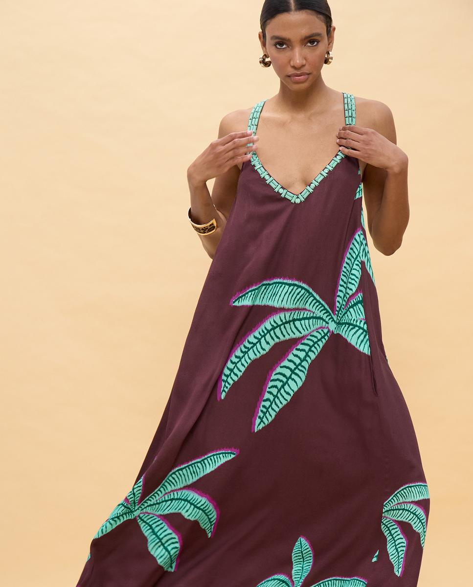 Vestido Comprido de Alças com Estampado de Palmeiras Castanho-6