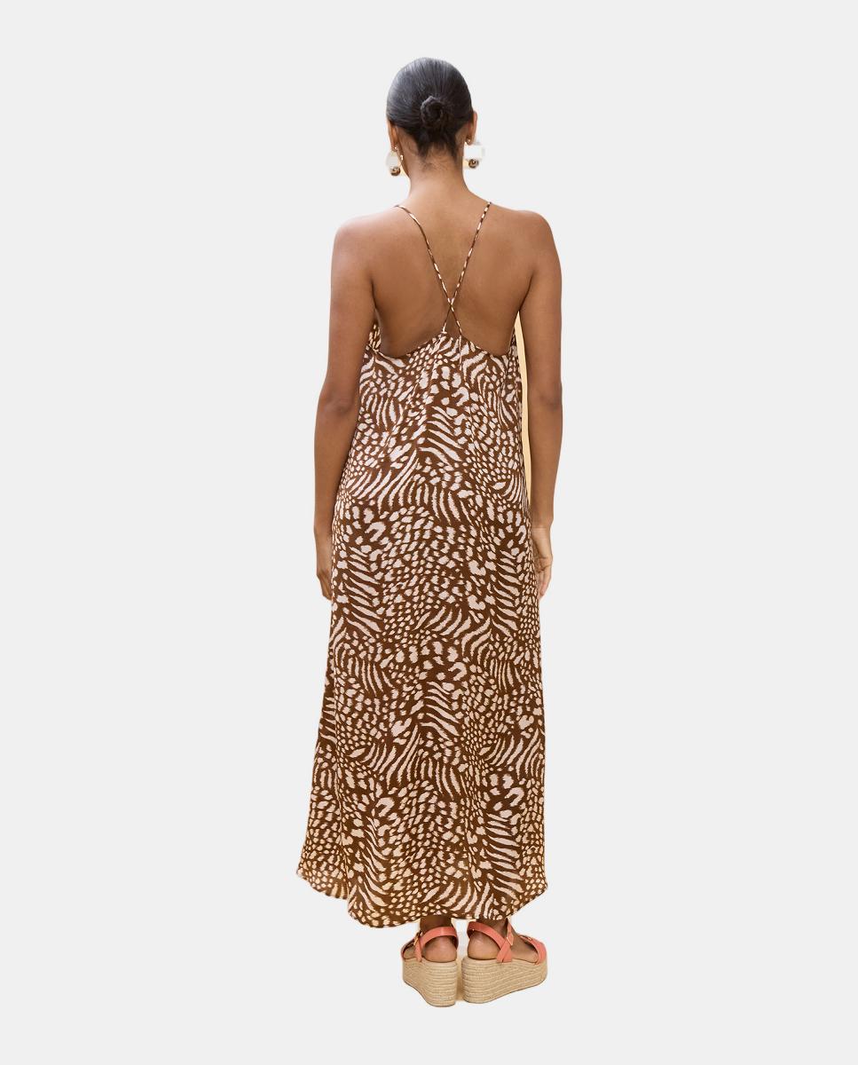 Vestido Comprido de Alças com Estampado às Bolinhas Castanho-claro-4