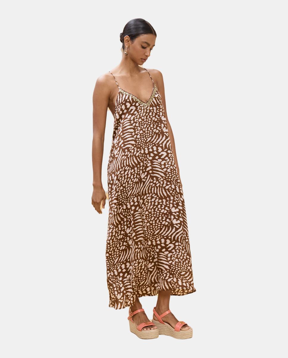 Vestido Comprido de Alças com Estampado às Bolinhas Castanho-claro-5