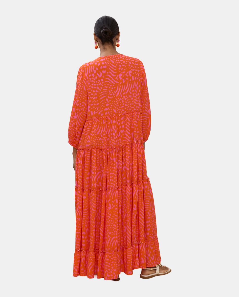Vestido Comprido Estampado com Manga Comprida Laranja-2