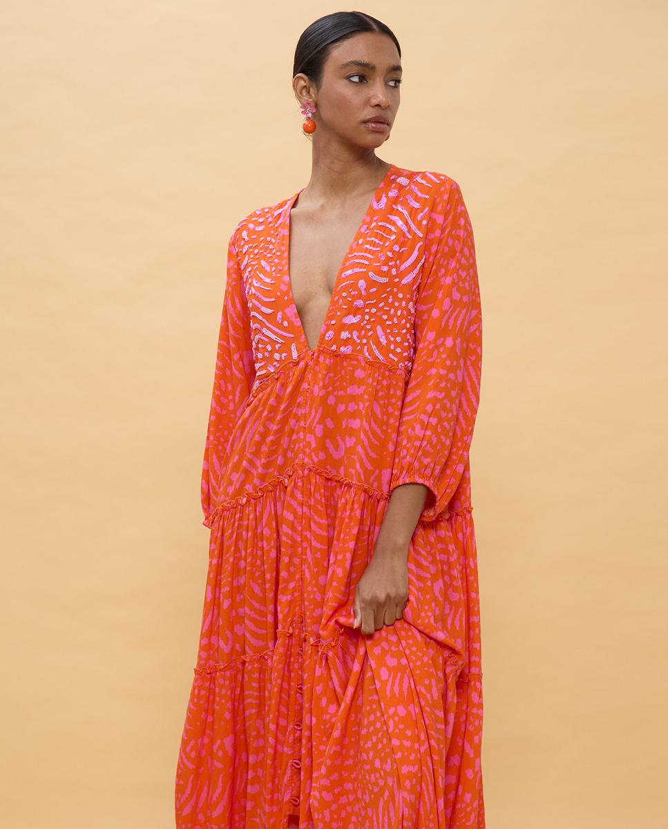 Vestido Comprido Estampado com Manga Comprida Laranja-3