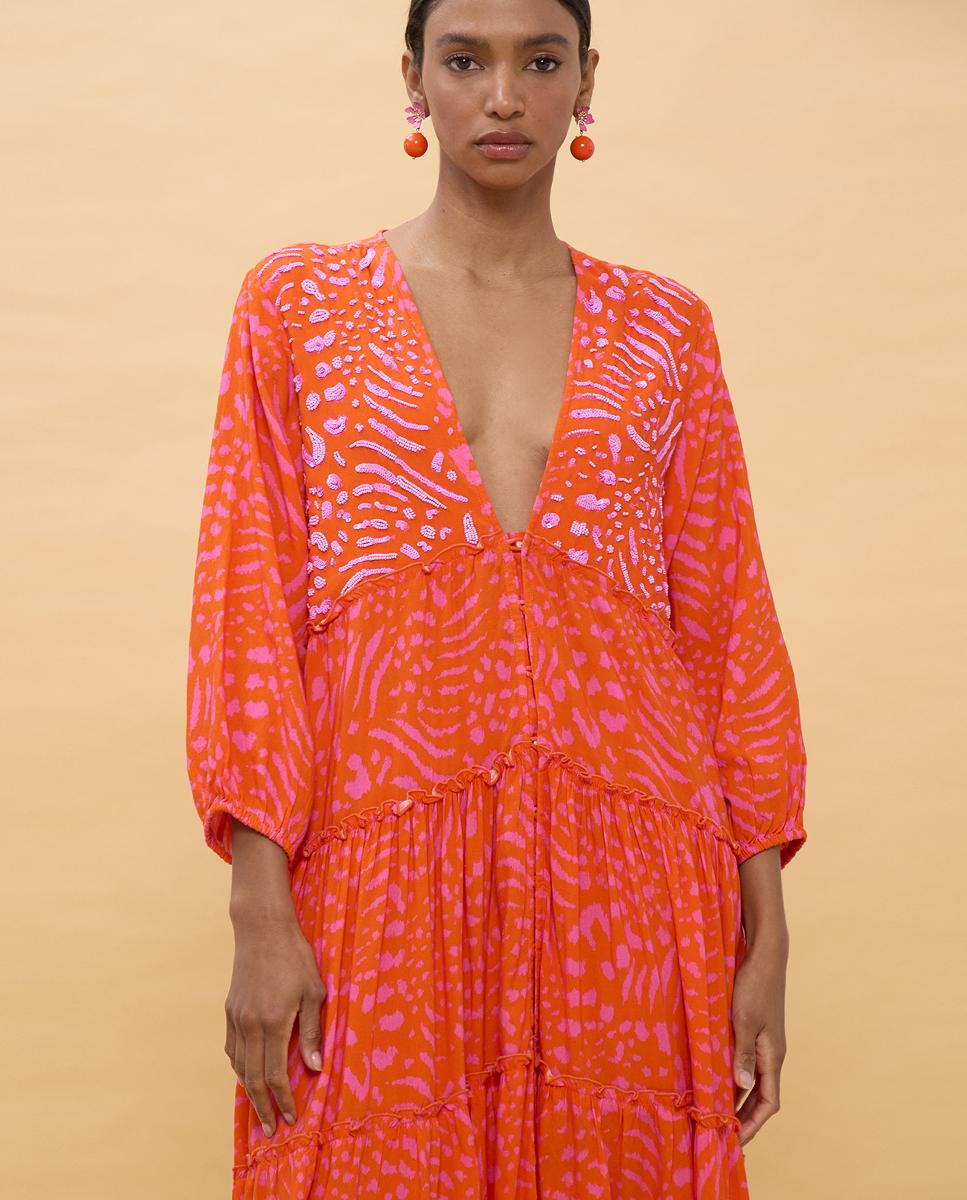 Vestido Comprido Estampado com Manga Comprida Laranja-4