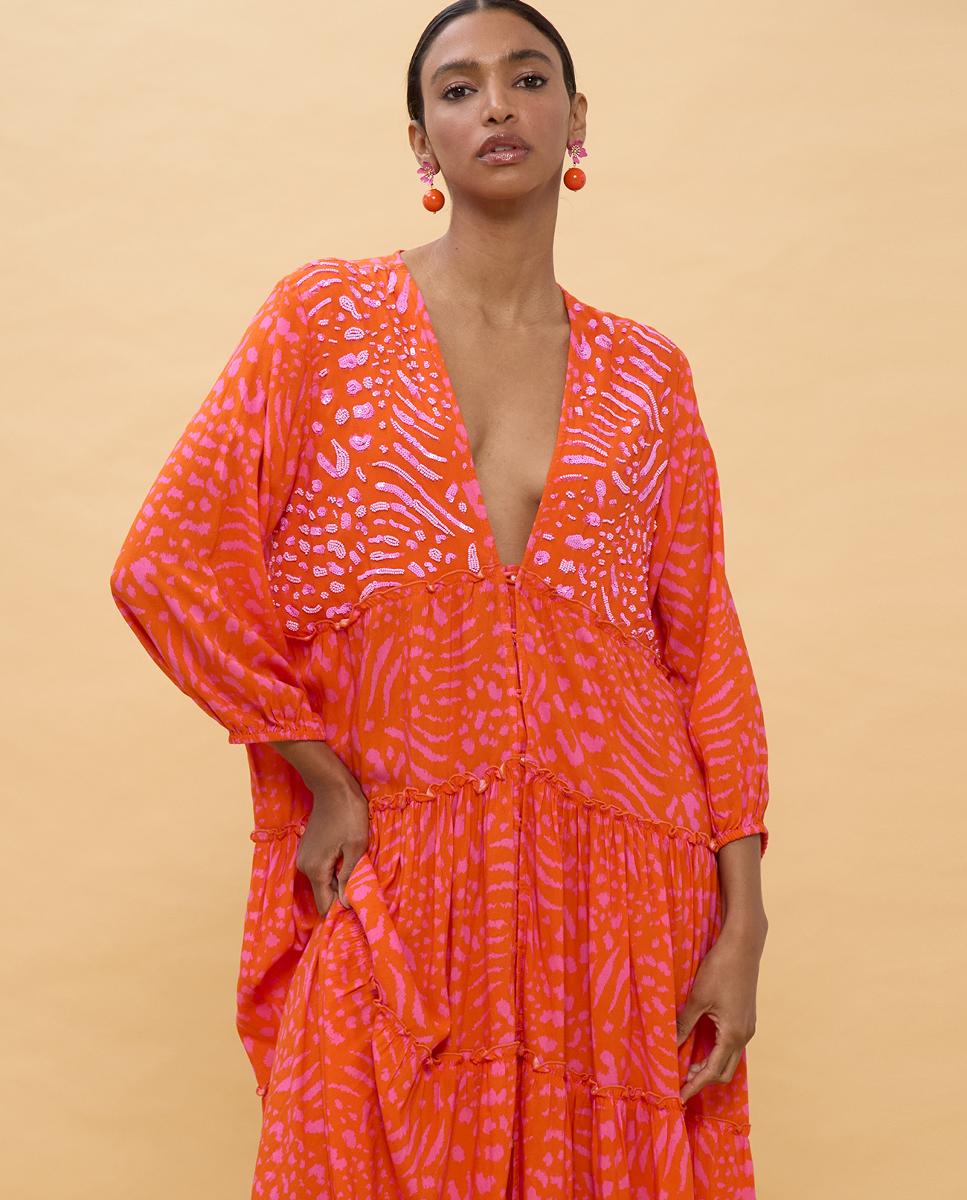 Vestido Comprido Estampado com Manga Comprida Laranja-5