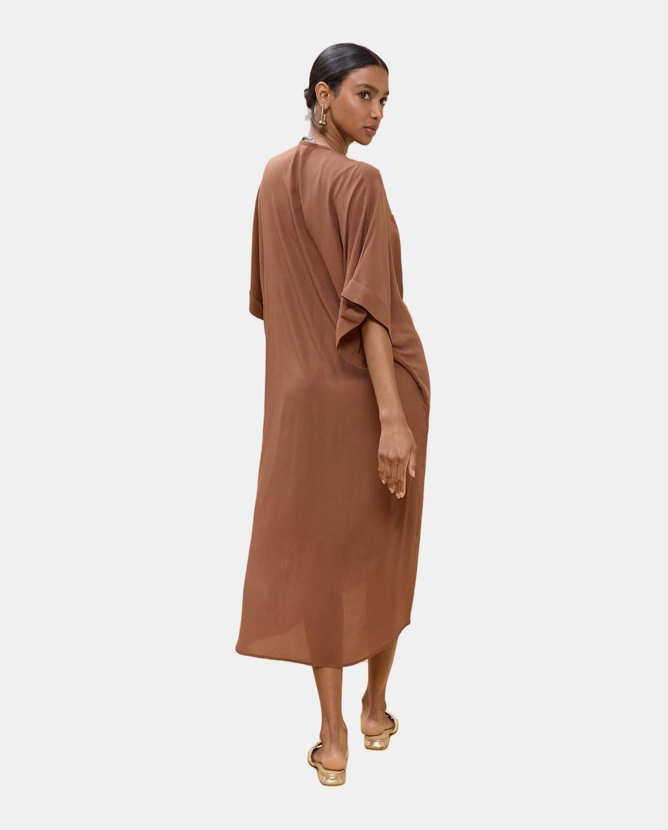 Vestido Midi de Linho Atado Castanho-2