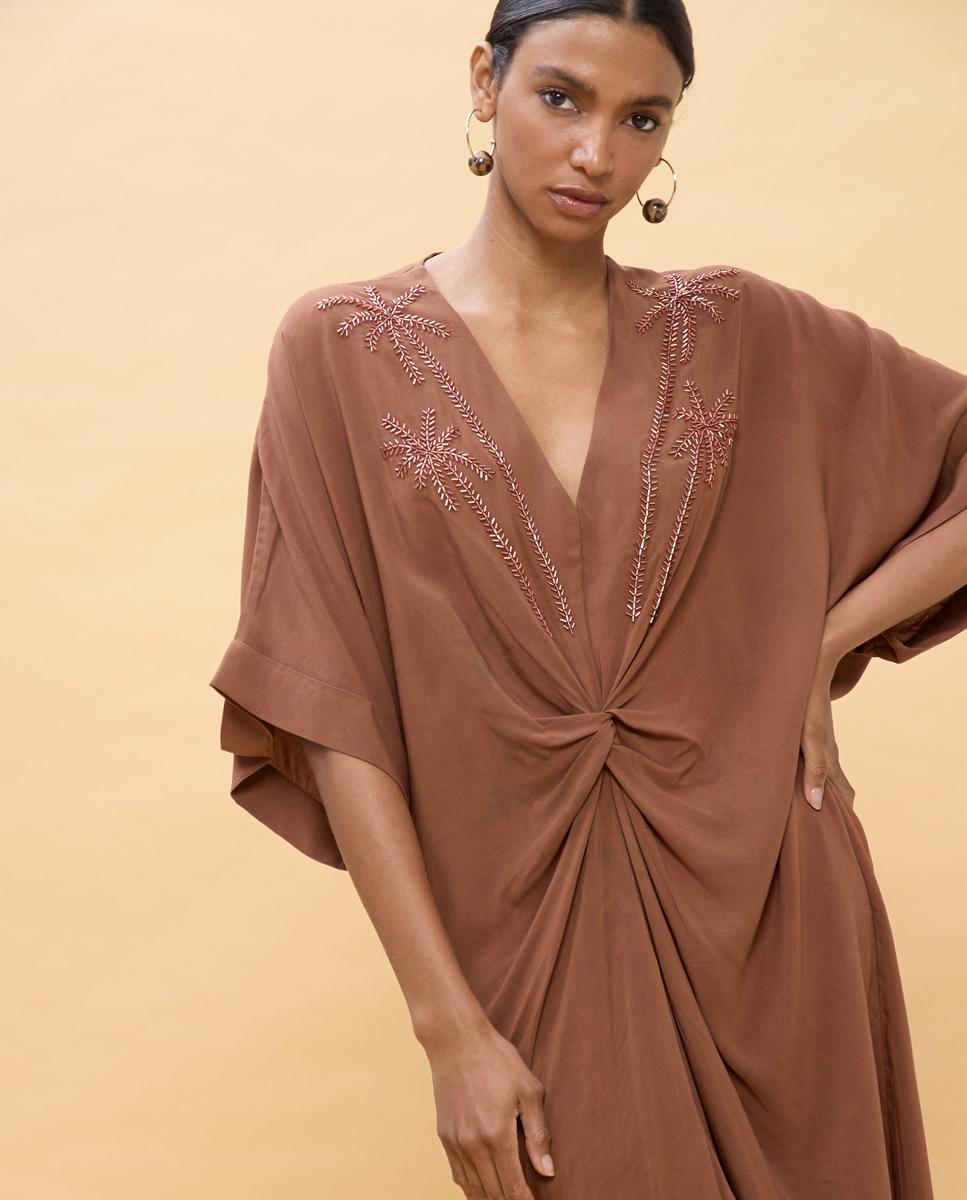Vestido Midi de Linho Atado Castanho-4