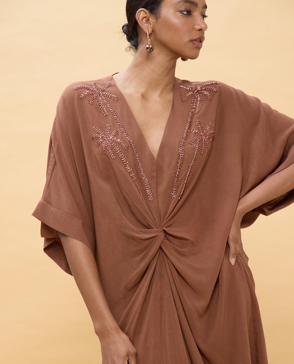 Vestido Midi de Linho Atado Castanho-5