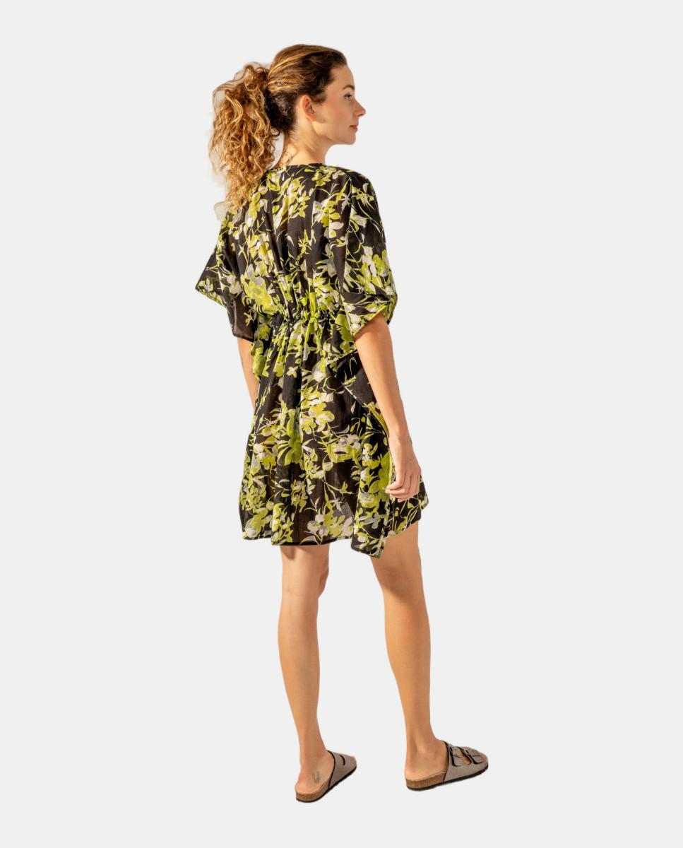 Kaftan com Estampado Floral em Algodão Preto-2