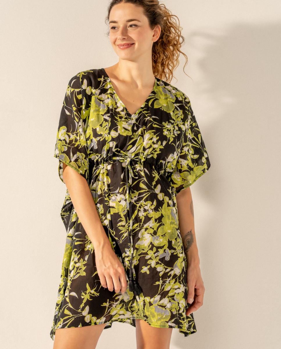 Kaftan com Estampado Floral em Algodão Preto-3