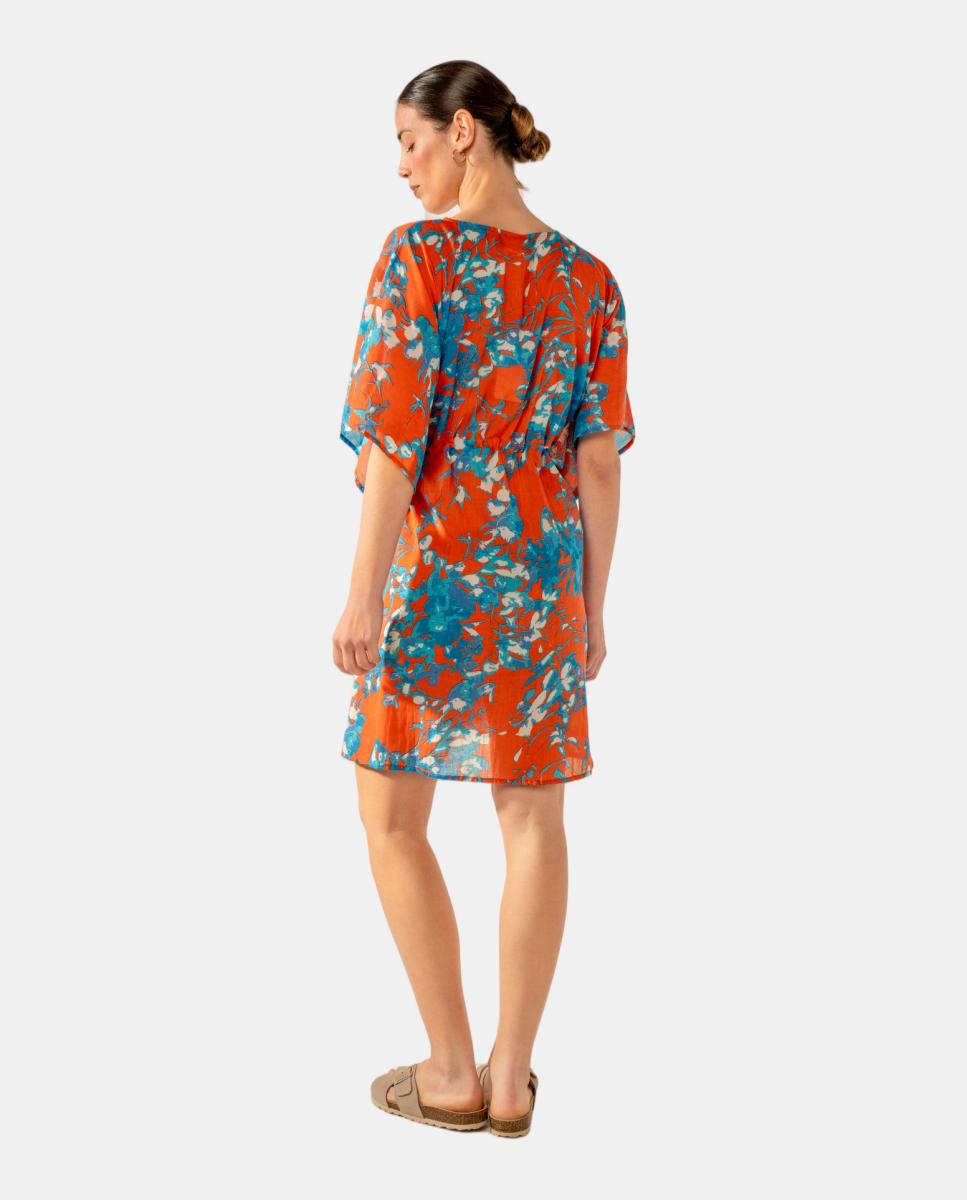 Kaftan com Estampado Floral em Algodão Vermelho-2
