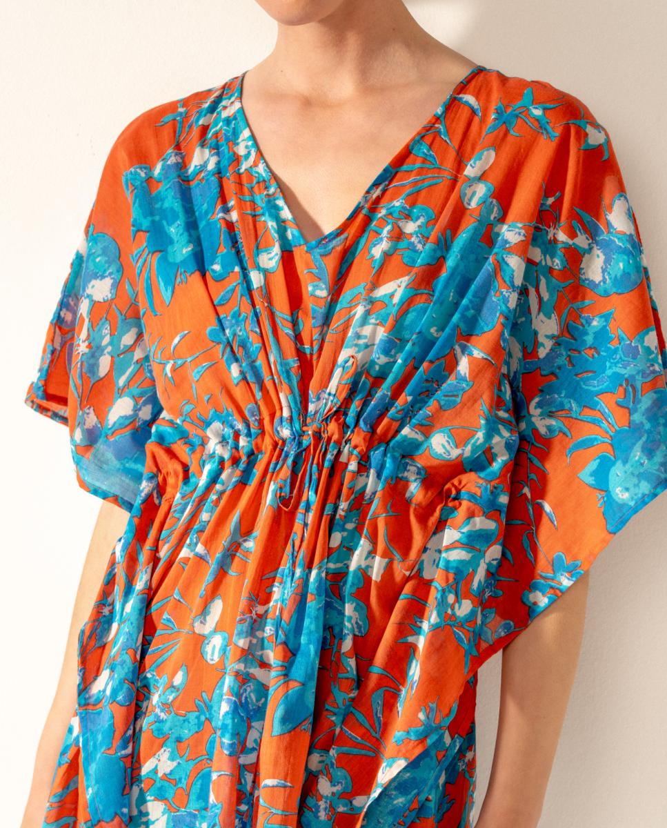 Kaftan com Estampado Floral em Algodão Vermelho-3