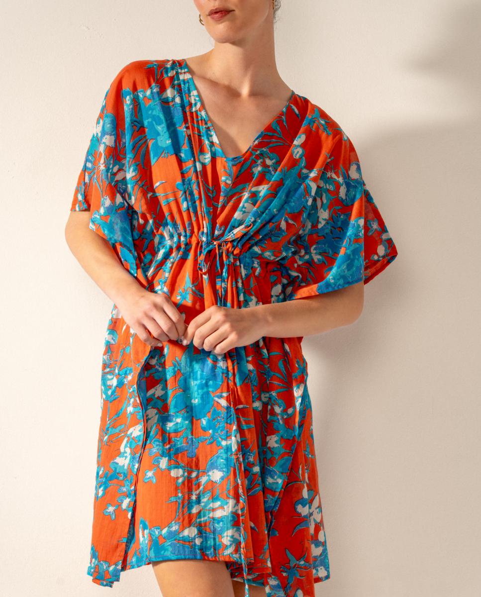 Kaftan com Estampado Floral em Algodão Vermelho-4
