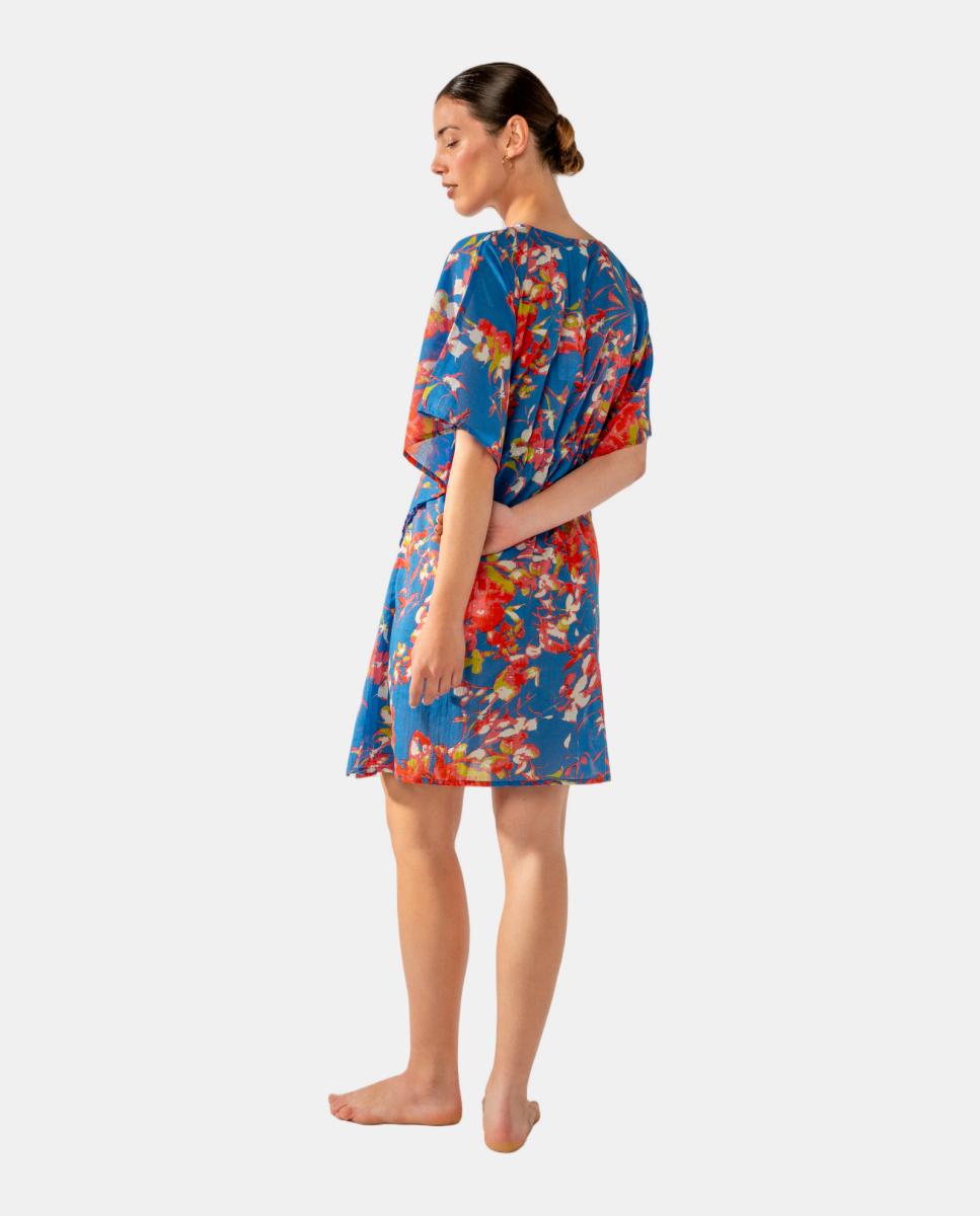 Kaftan com Estampado Floral em Algodão Azul-2
