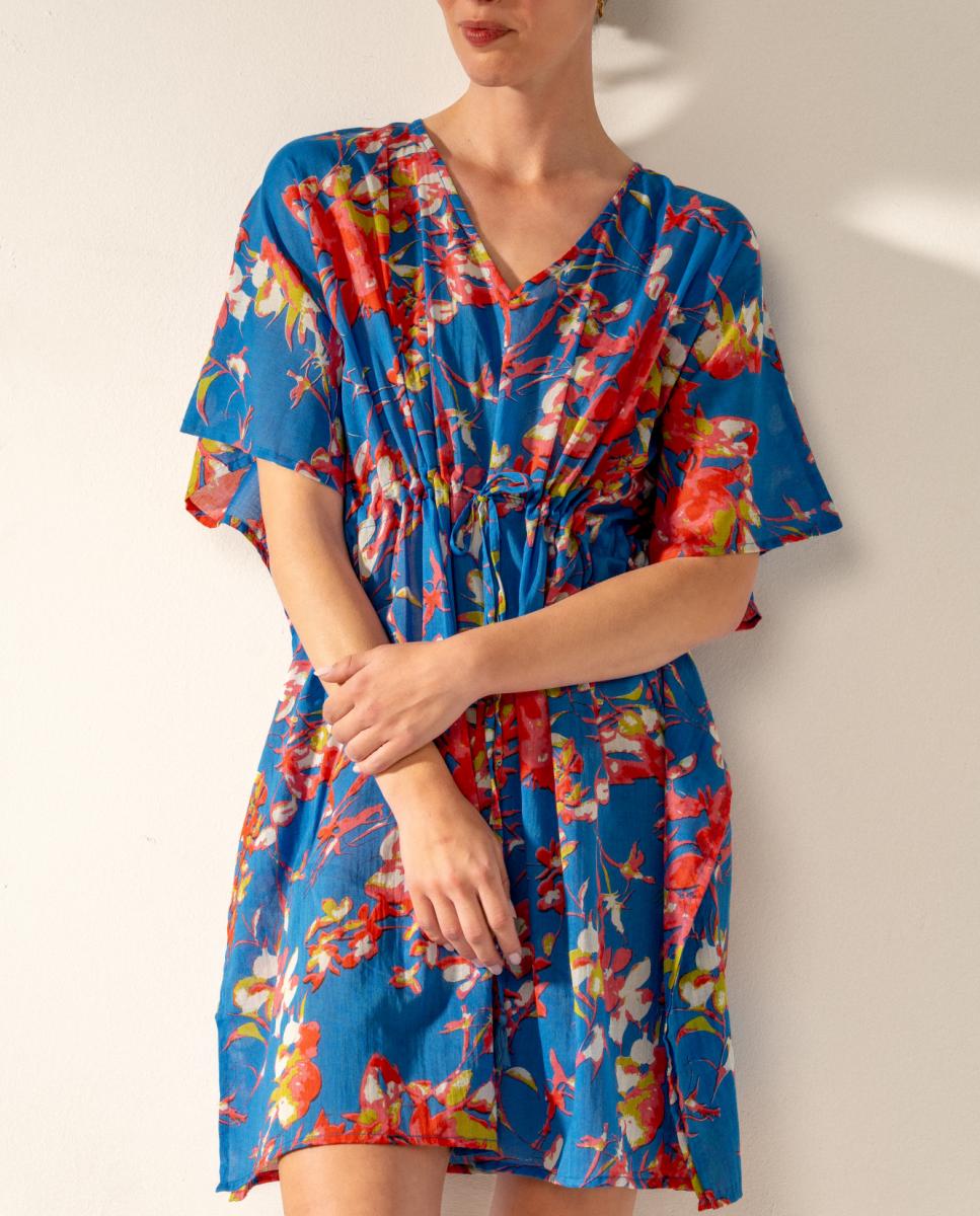 Kaftan com Estampado Floral em Algodão Azul-3