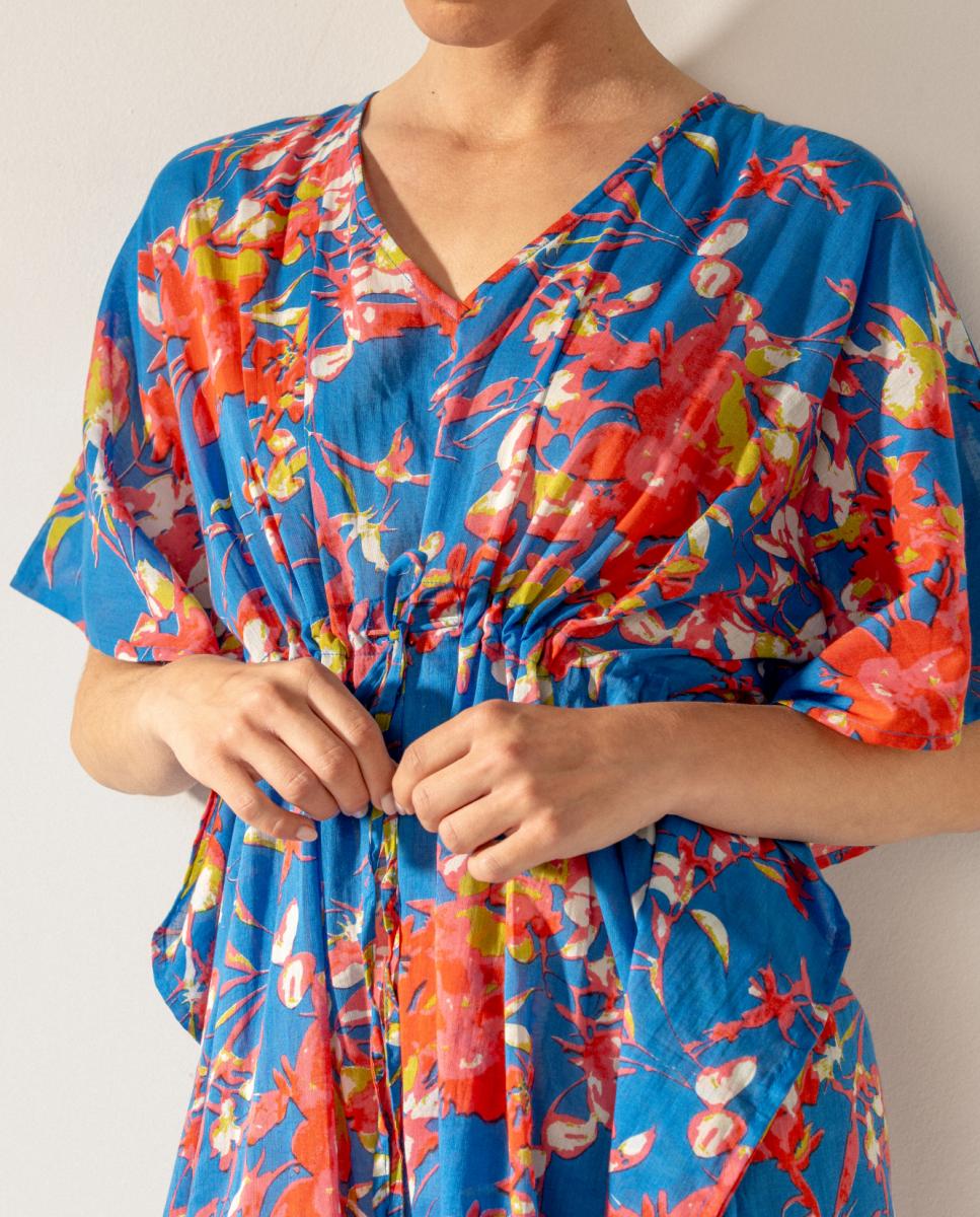 Kaftan com Estampado Floral em Algodão Azul-4