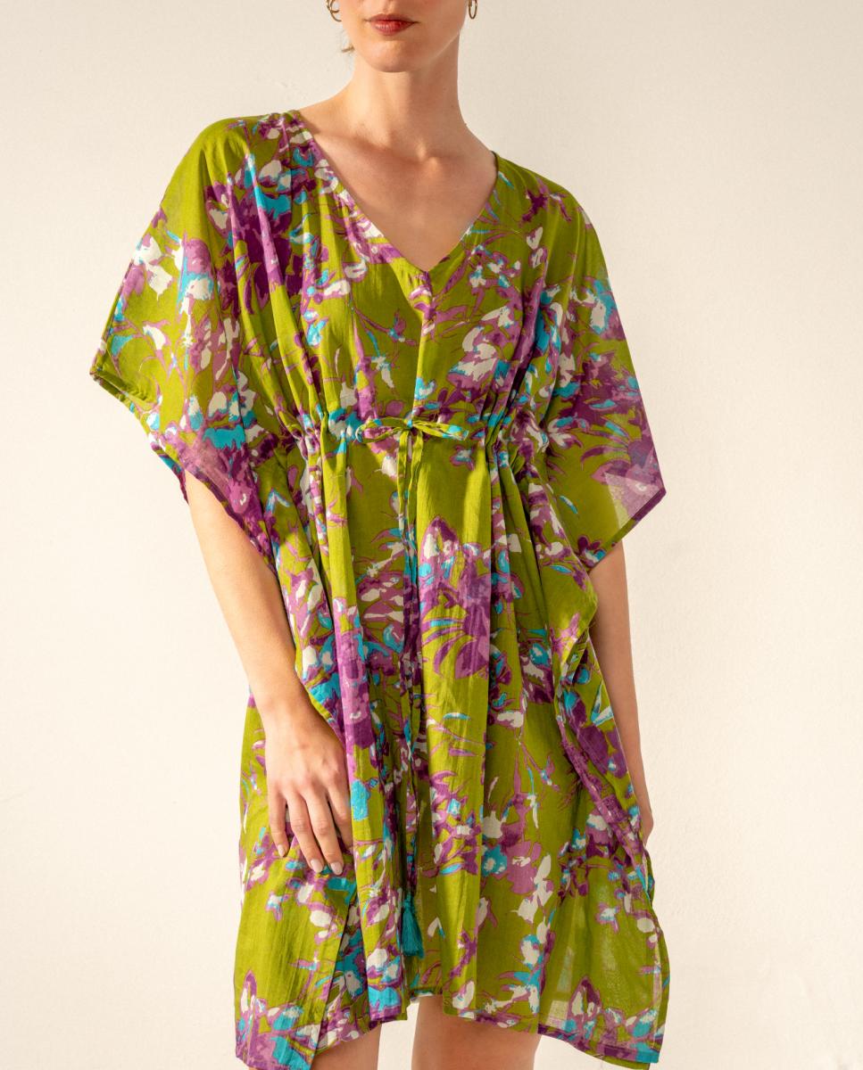Kaftan com Estampado Floral em Algodão Verde-3