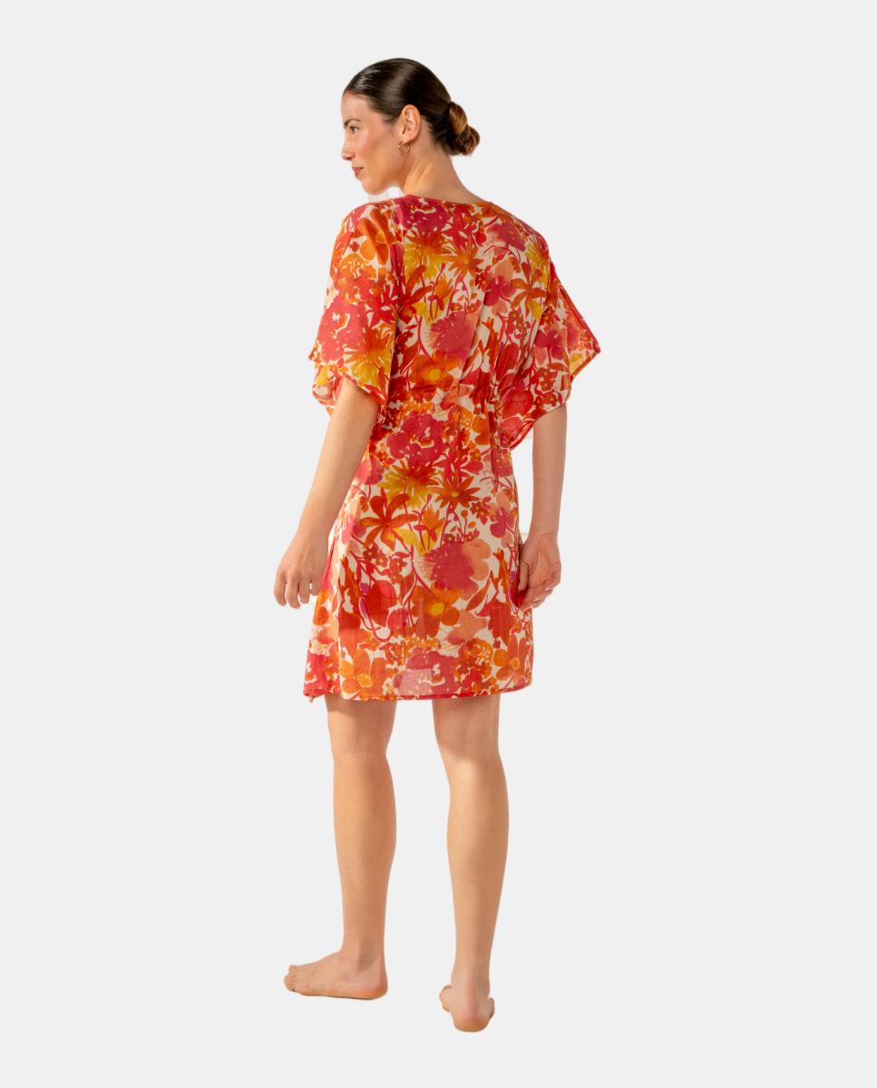 Kaftan com Estampado Floral em Algodão Fúcsia-2