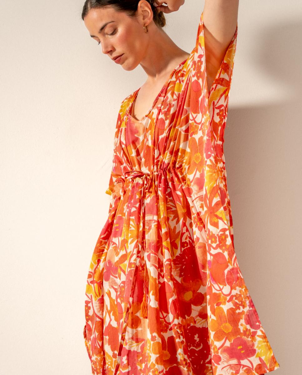 Kaftan com Estampado Floral em Algodão Fúcsia-3