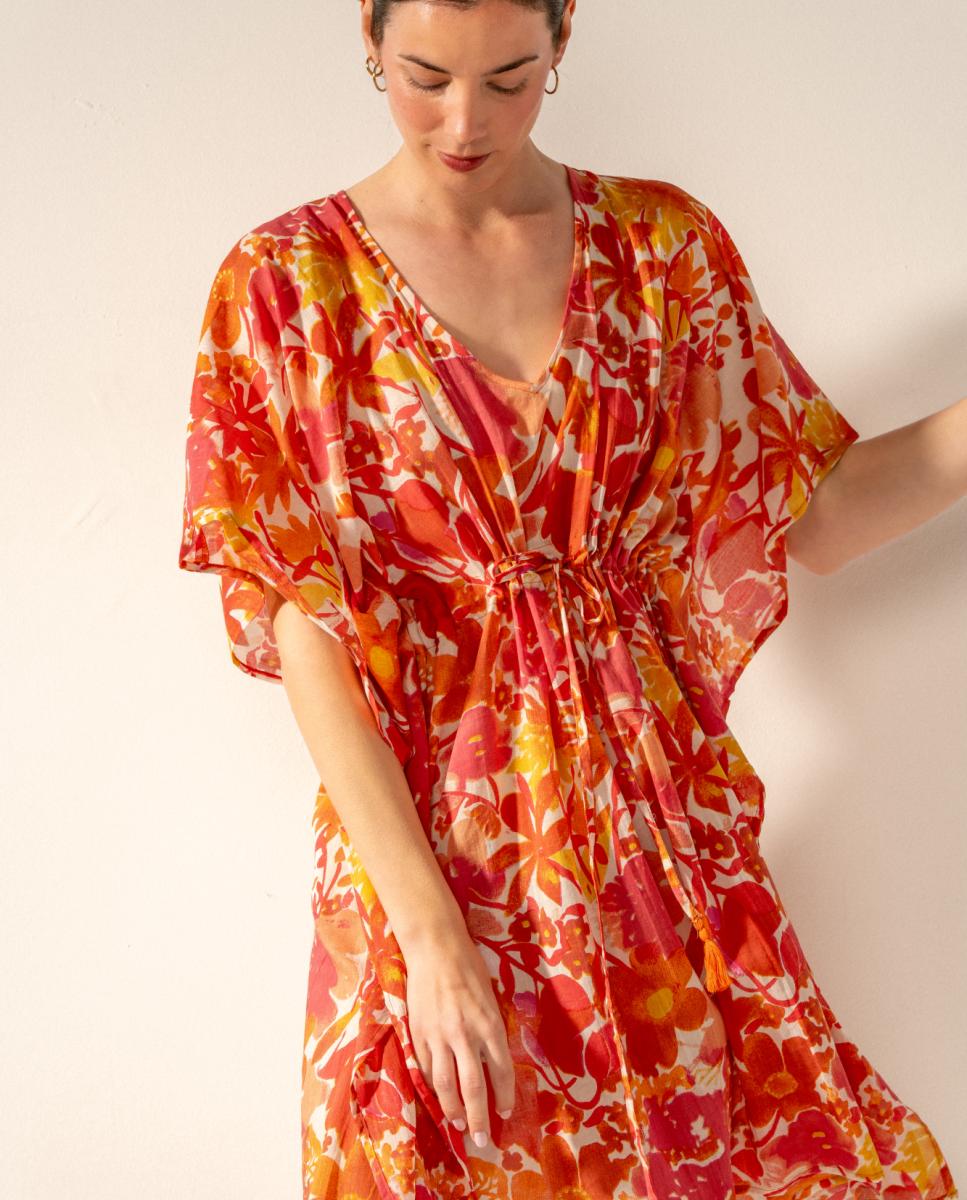 Kaftan com Estampado Floral em Algodão Fúcsia-4