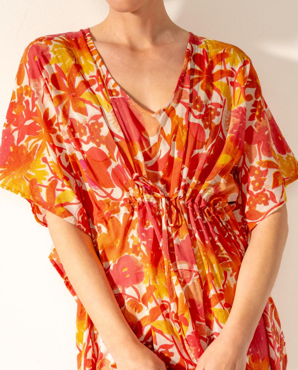 Kaftan com Estampado Floral em Algodão Fúcsia-5