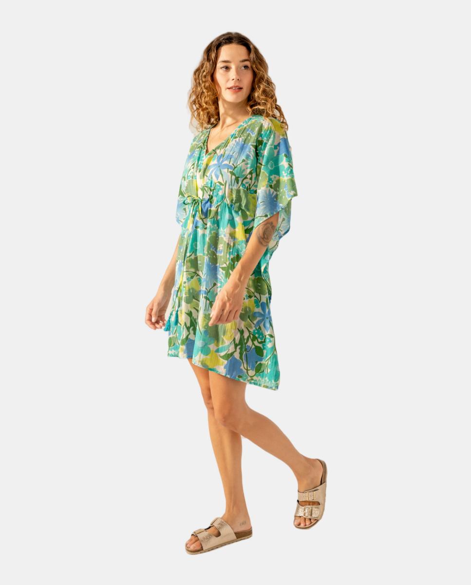 Kaftan com Estampado Floral em Algodão Verde-2