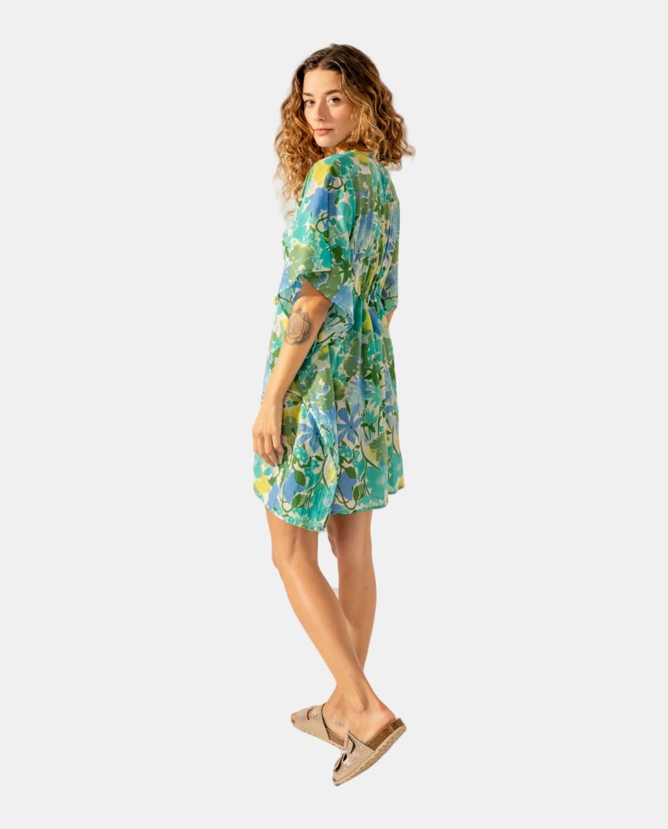 Kaftan com Estampado Floral em Algodão Verde-3