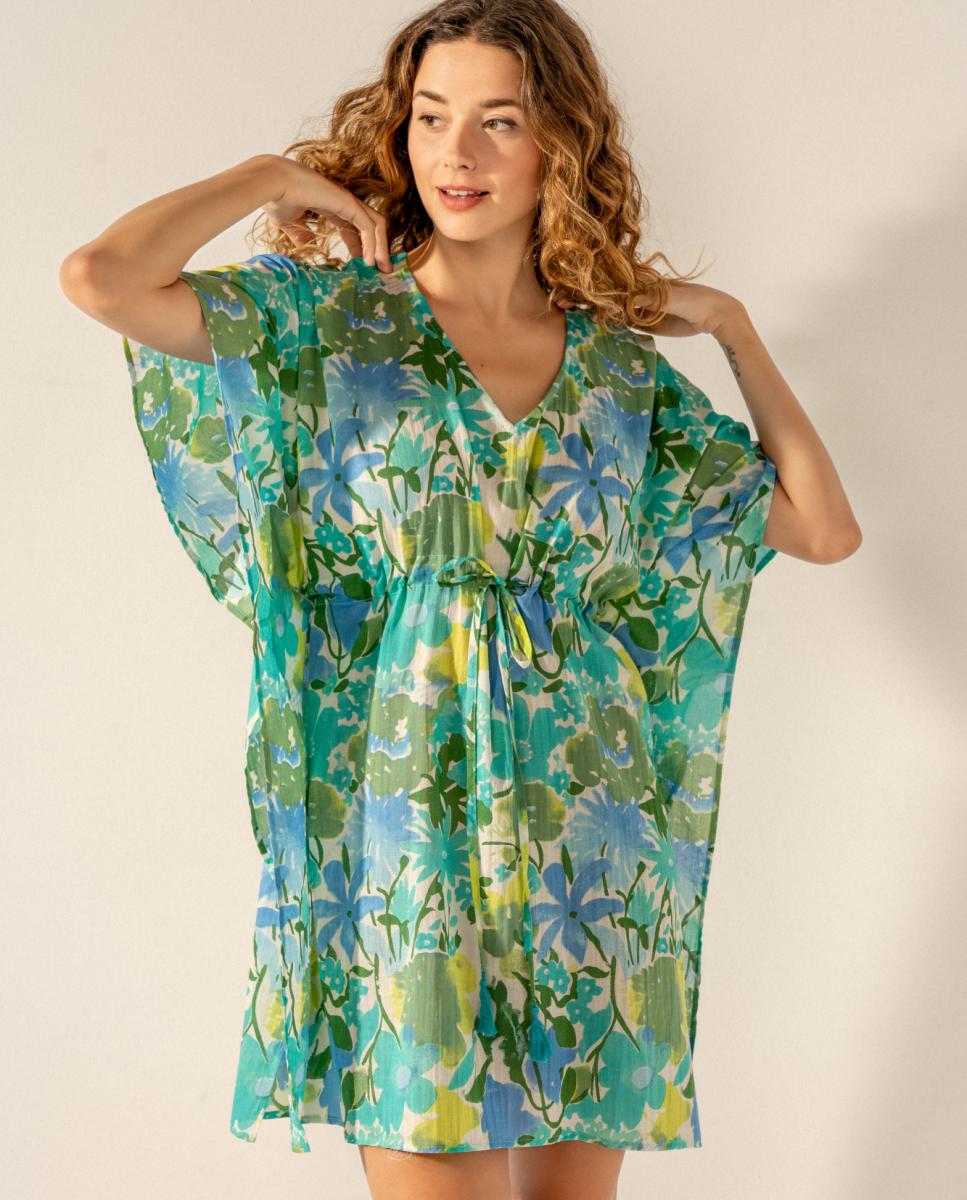 Kaftan com Estampado Floral em Algodão Verde-4