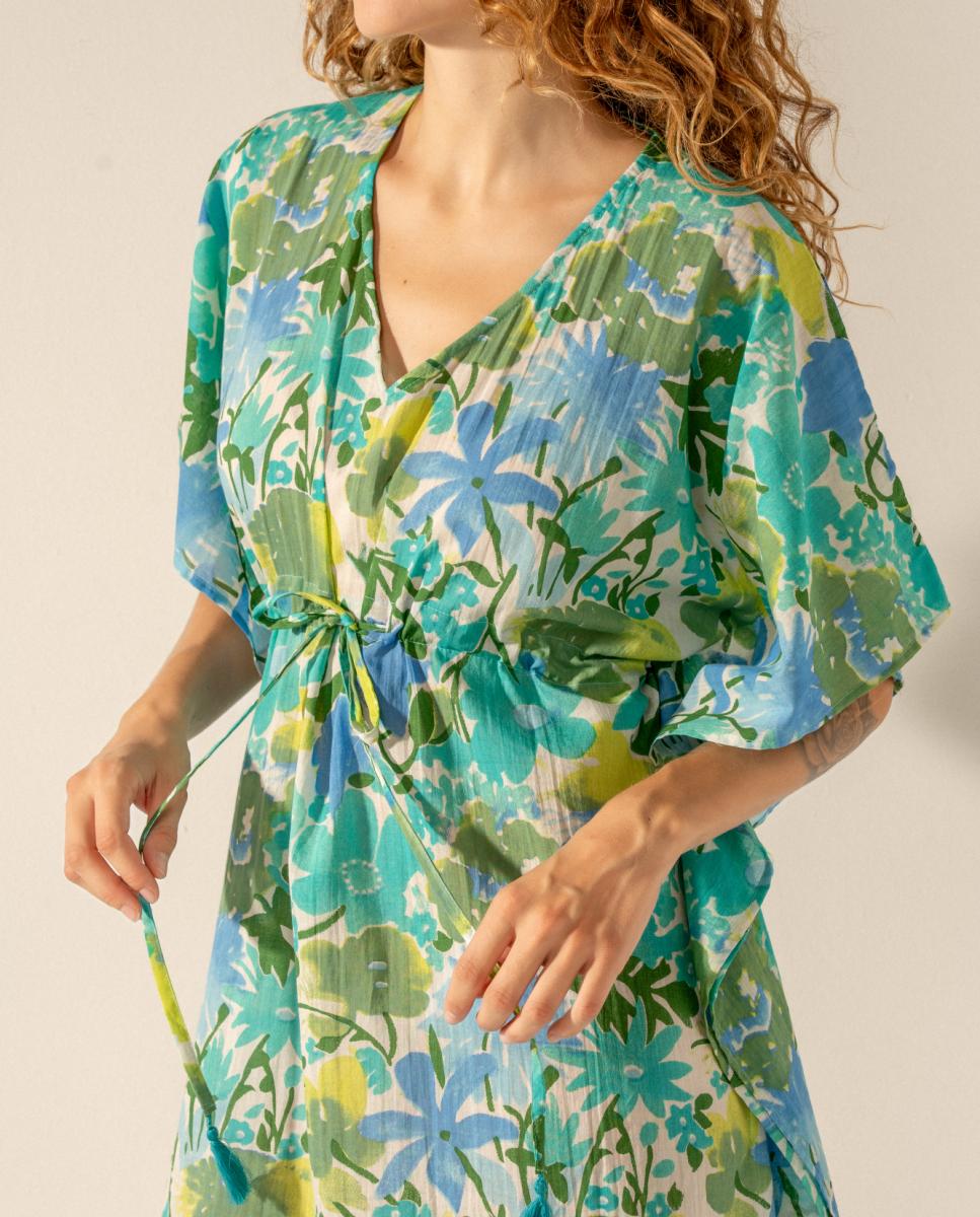 Kaftan com Estampado Floral em Algodão Verde-5