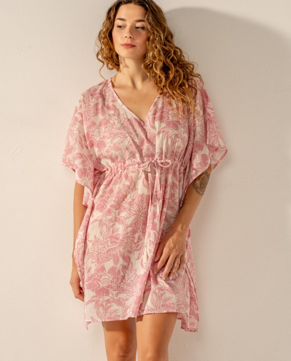 Kaftan com Estampado Floral em Algodão Rosa-3