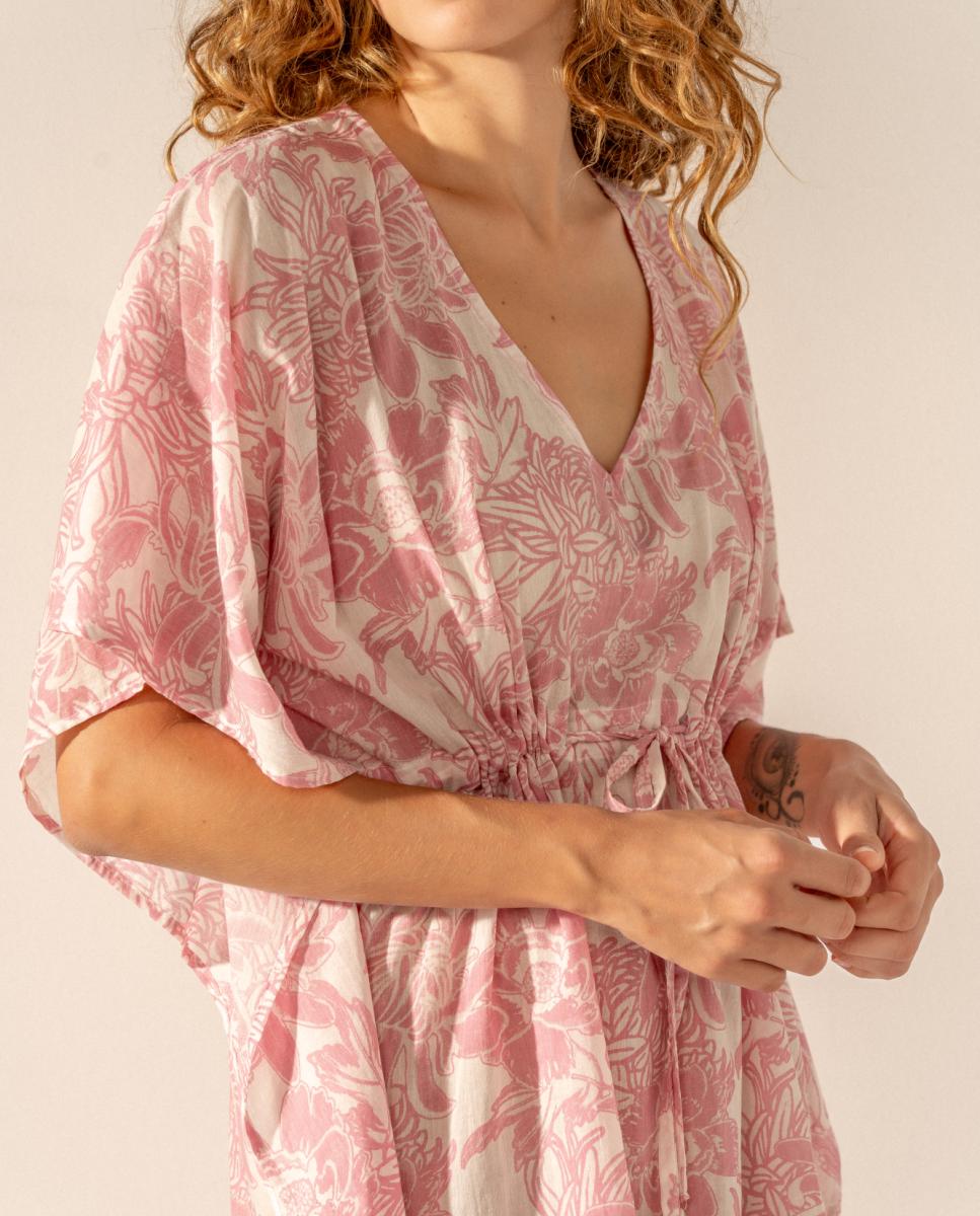 Kaftan com Estampado Floral em Algodão Rosa-4