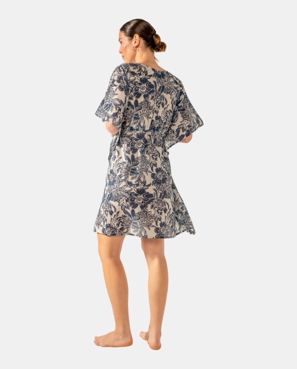 Kaftan com Estampado Floral em Algodão Azul-2