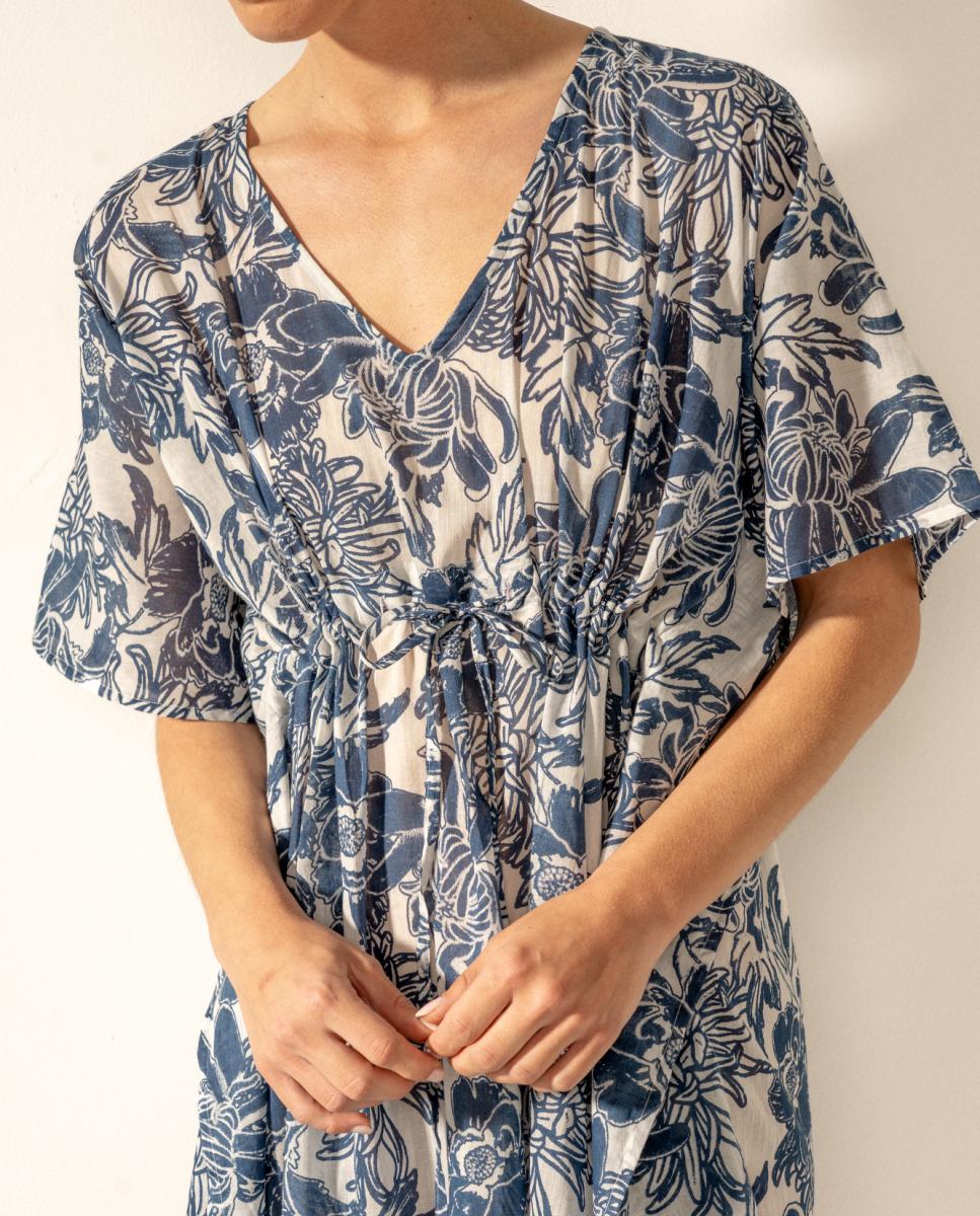 Kaftan com Estampado Floral em Algodão Azul-3