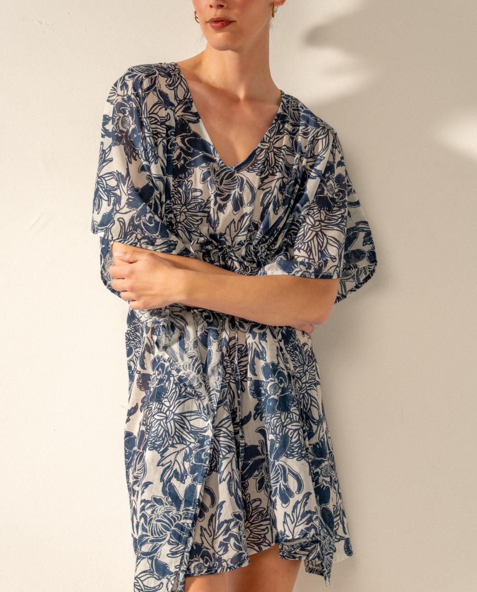 Kaftan com Estampado Floral em Algodão Azul-4