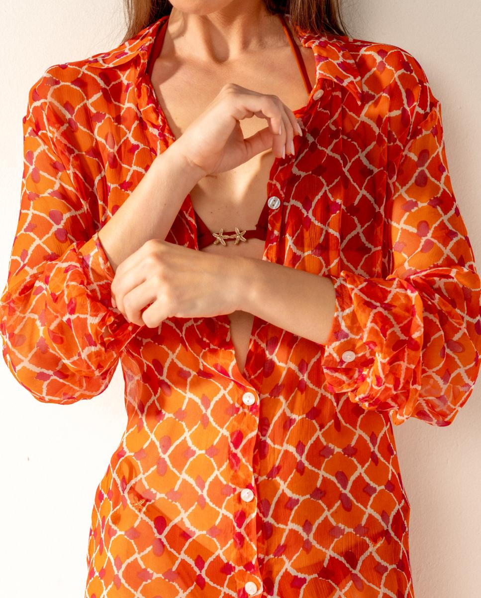 Túnica de Viscose com Estampado Geométrico Laranja-3