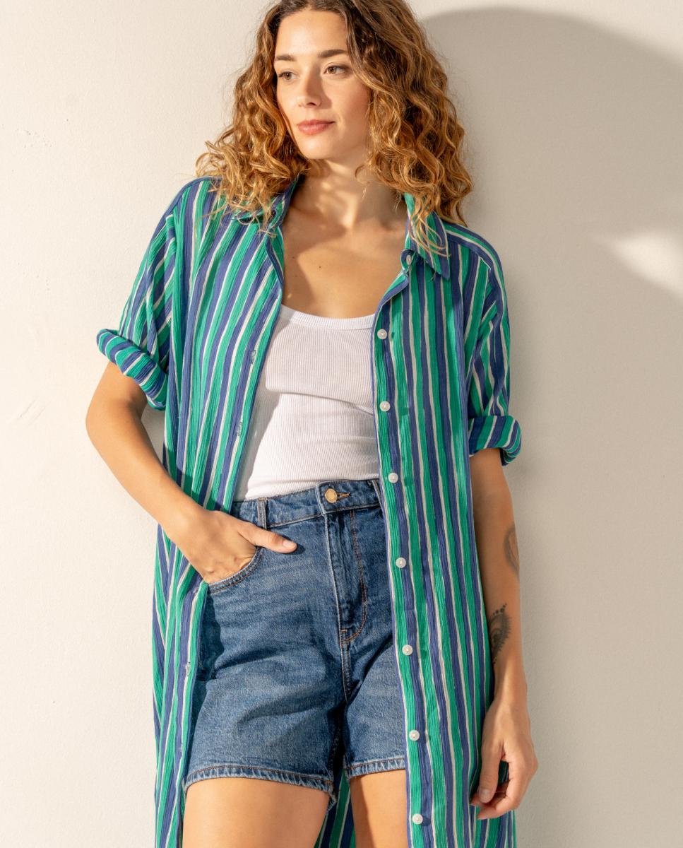Túnica de Viscose com Estampado às Riscas Turquesa-3