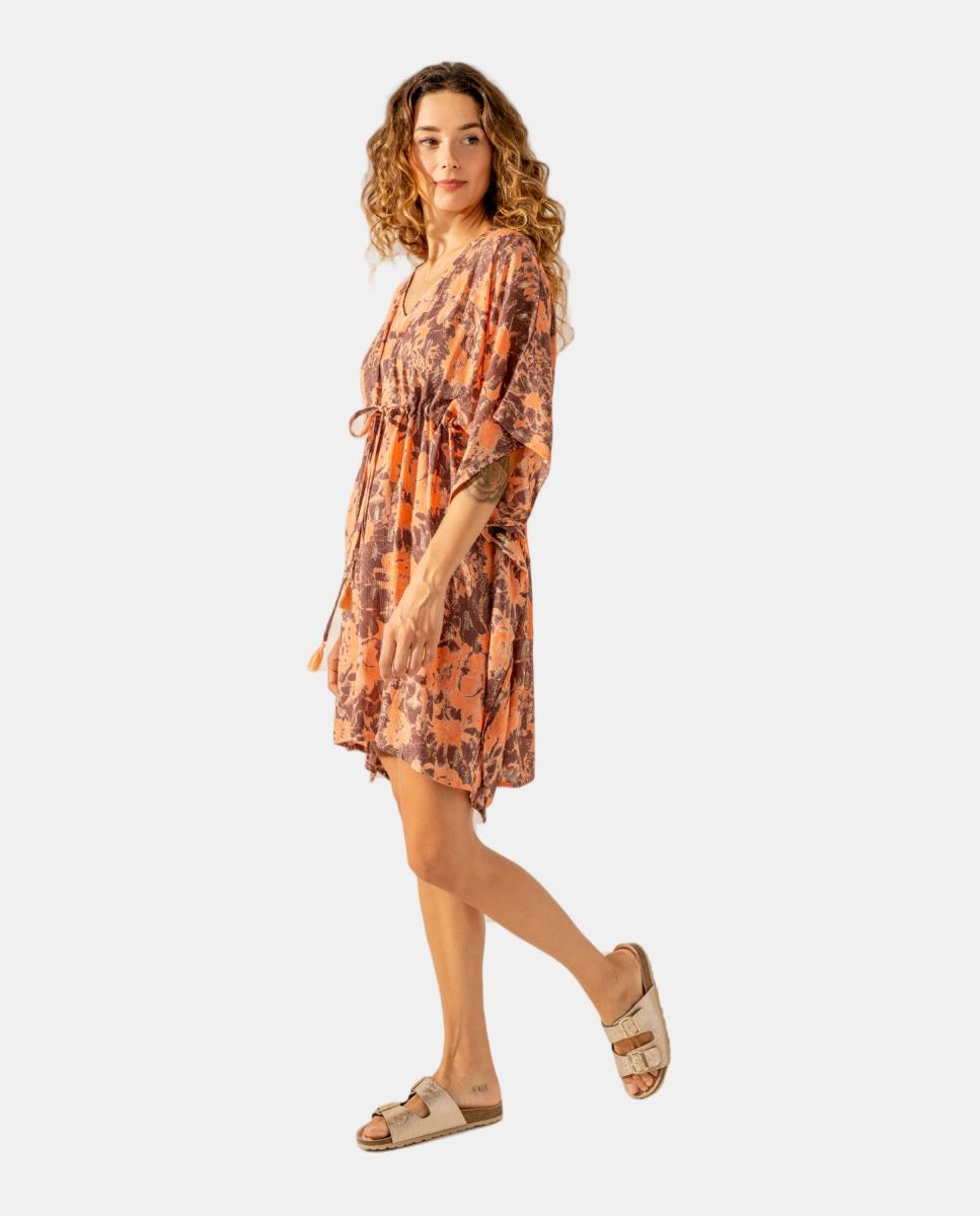 Kaftan de Algodão com Estampado Abstrato Laranja-2