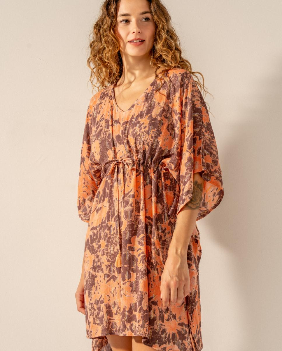 Kaftan de Algodão com Estampado Abstrato Laranja-4