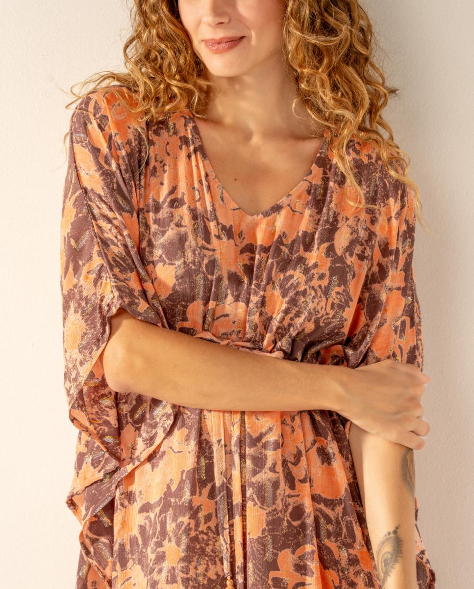 Kaftan de Algodão com Estampado Abstrato Laranja-5