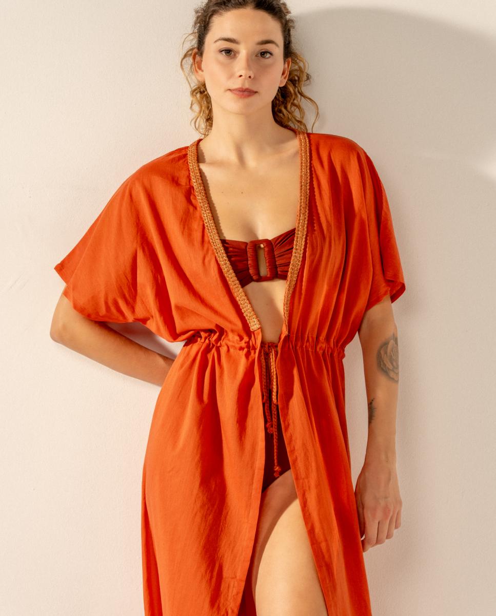 Túnica de Viscose com Detalhes Metalizados Laranja-3
