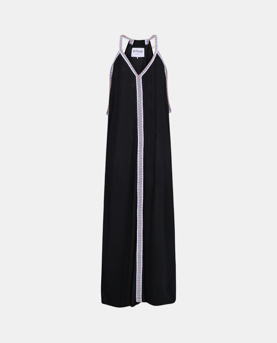 Kaftan Comprido de Alças com Detalhe em Contraste - Preto Preto-2