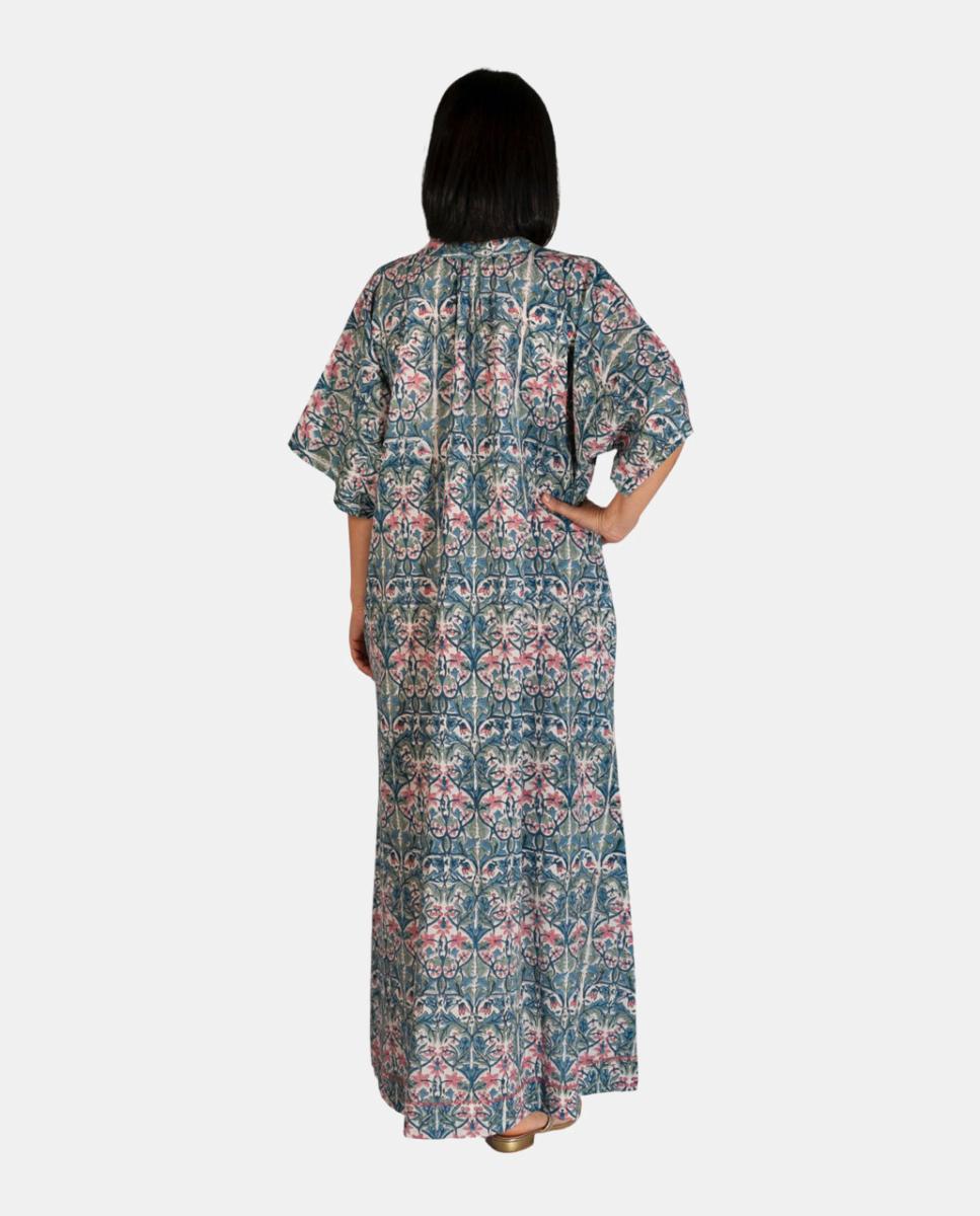 Kaftan Comprido de Algodão com Estampado Botânico Azul-2