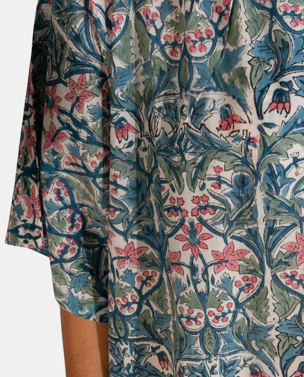 Kaftan Comprido de Algodão com Estampado Botânico Azul-3