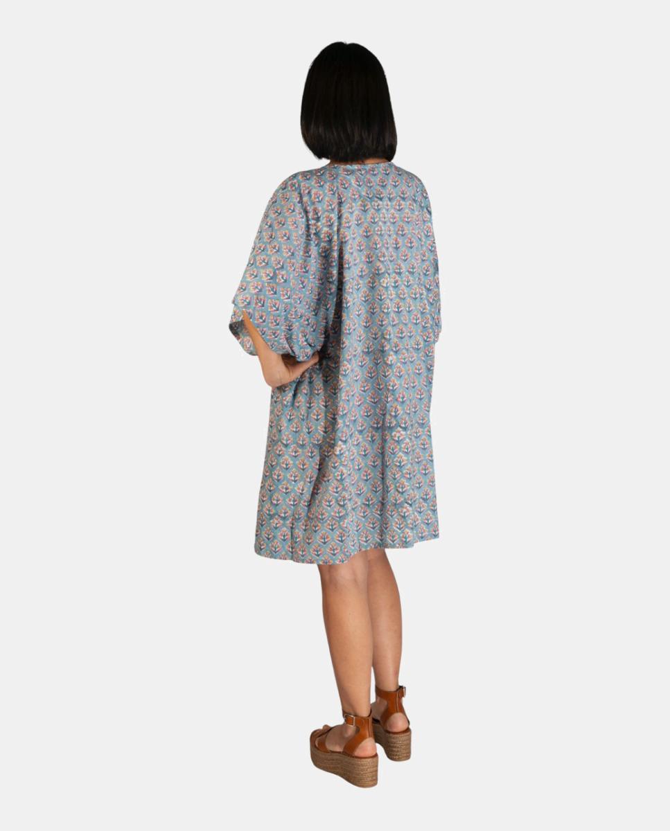 Kaftan Curto de Algodão com Manga Larga e Borla no Decote Azul-2