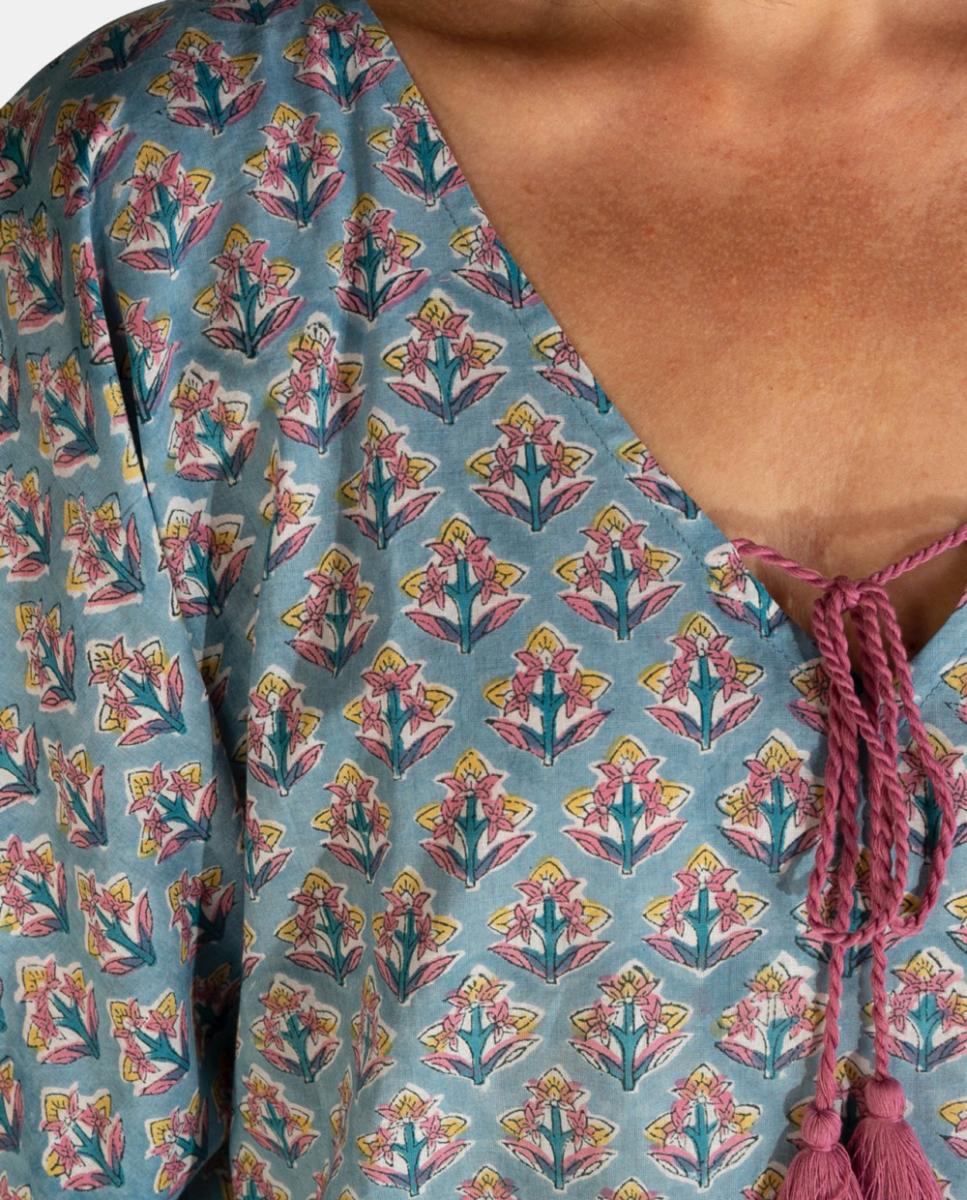 Kaftan Curto de Algodão com Manga Larga e Borla no Decote Azul-3