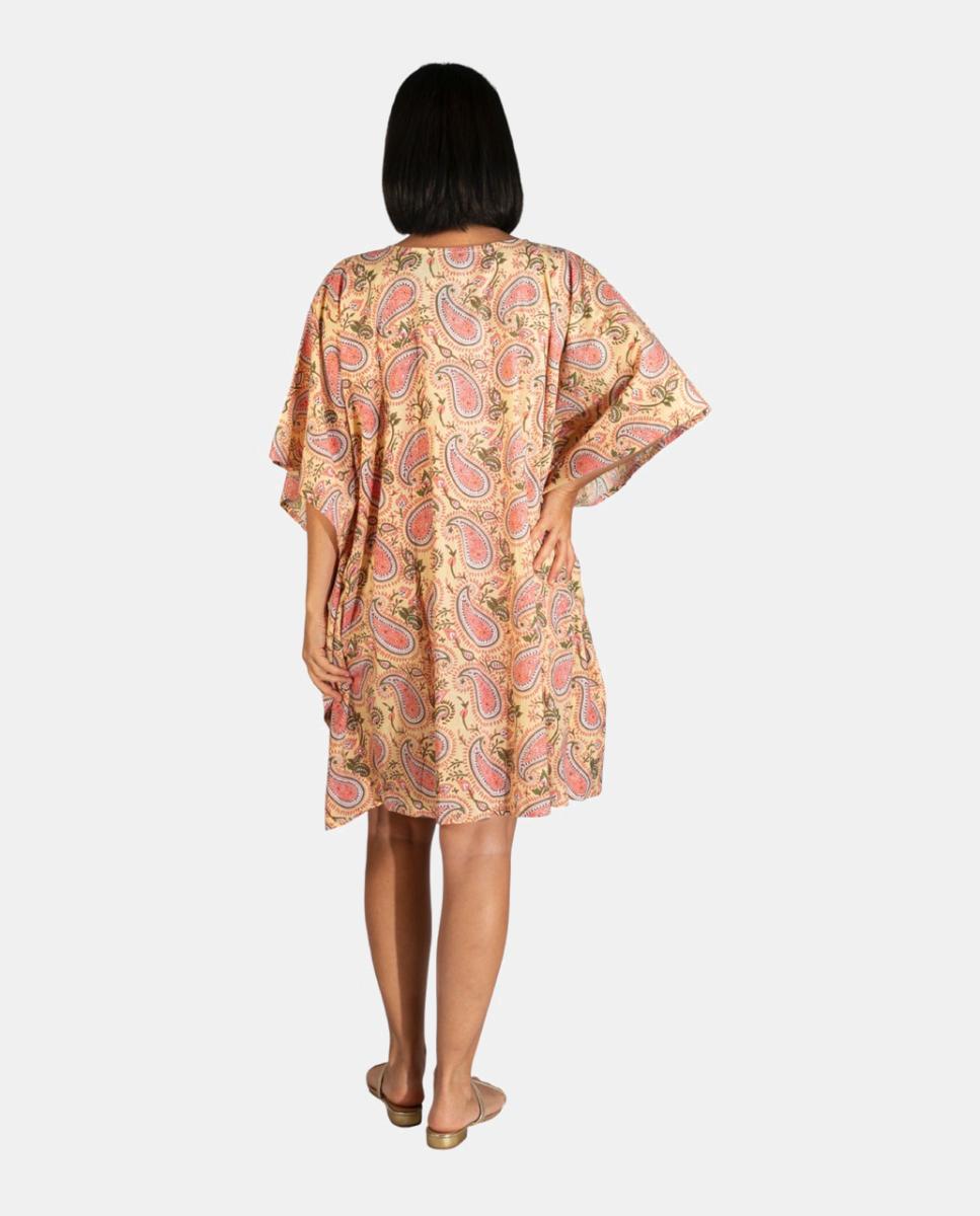 Kaftan Curto de Algodão com Manga Larga e Borla no Decote Amarelo-2