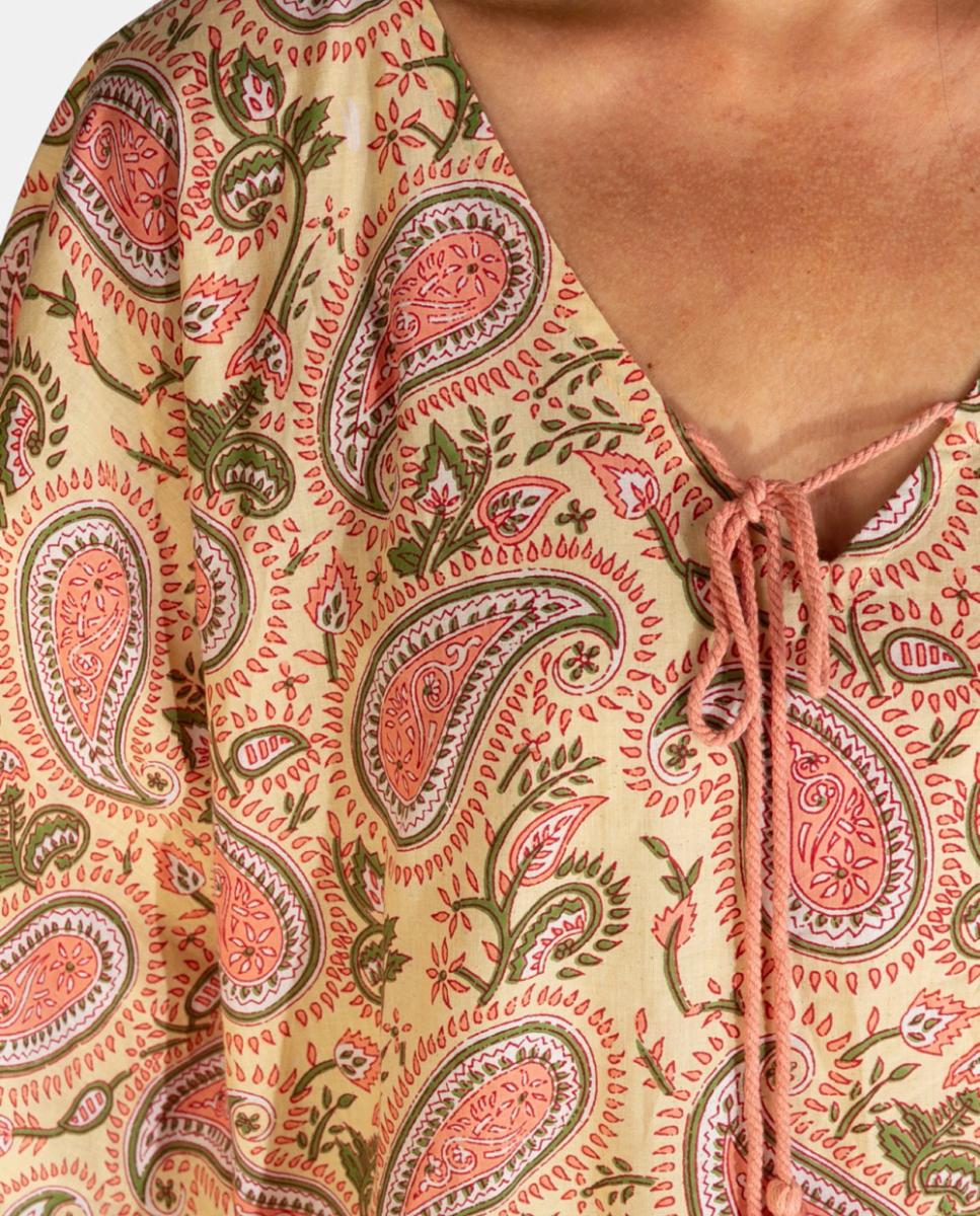 Kaftan Curto de Algodão com Manga Larga e Borla no Decote Amarelo-3