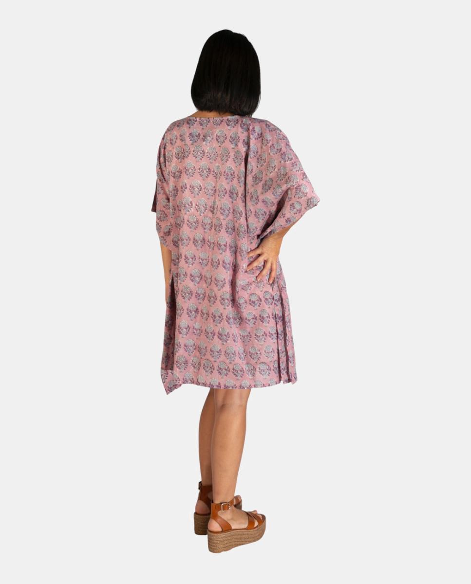 Kaftan Curto de Algodão com Manga Larga e Borla no Decote Lilás-2