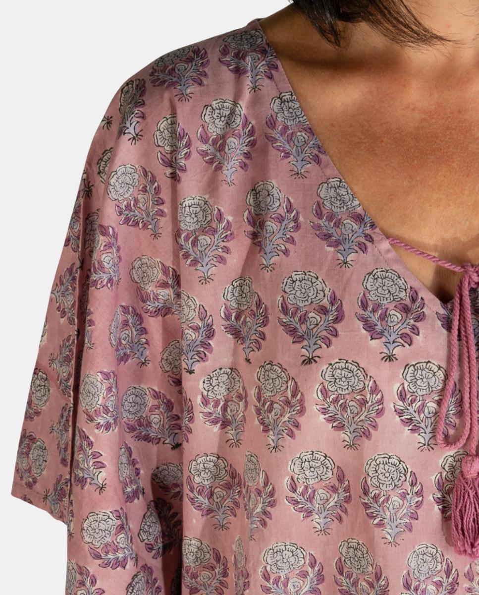 Kaftan Curto de Algodão com Manga Larga e Borla no Decote Lilás-3