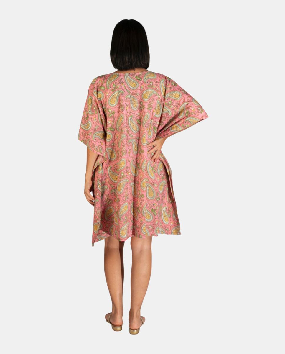 Kaftan Curto de Algodão com Manga Larga e Borla no Decote Rosa-2