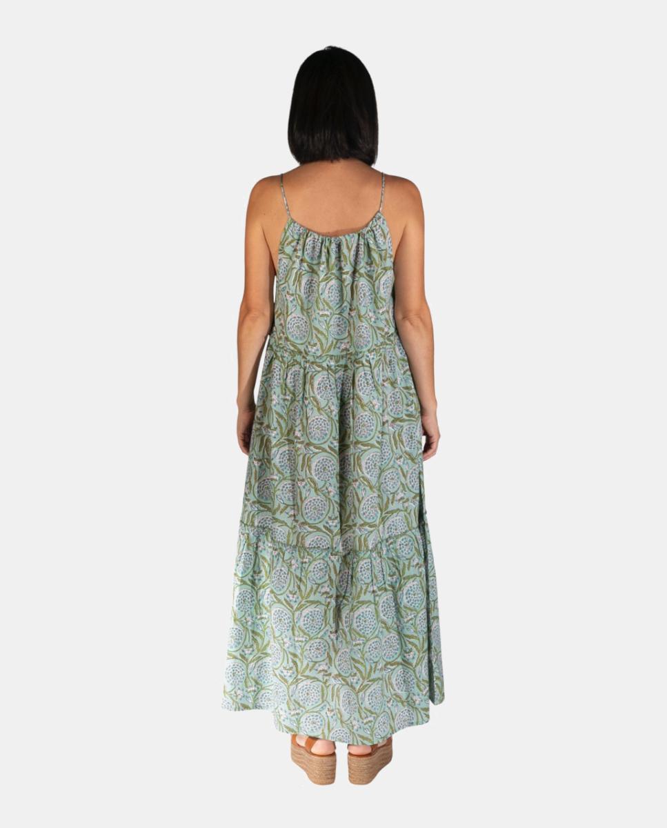 Kaftan Comprido de Alças em Algodão com Estampado Botânico Verde-2