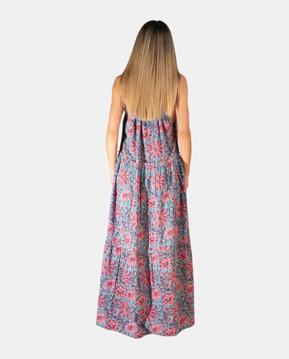 Kaftan Comprido de Alças em Algodão com Estampado Botânico Rosa-2